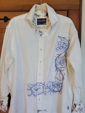 90's English Laundry Button-Up Shirt with Blue Floral Embroidery